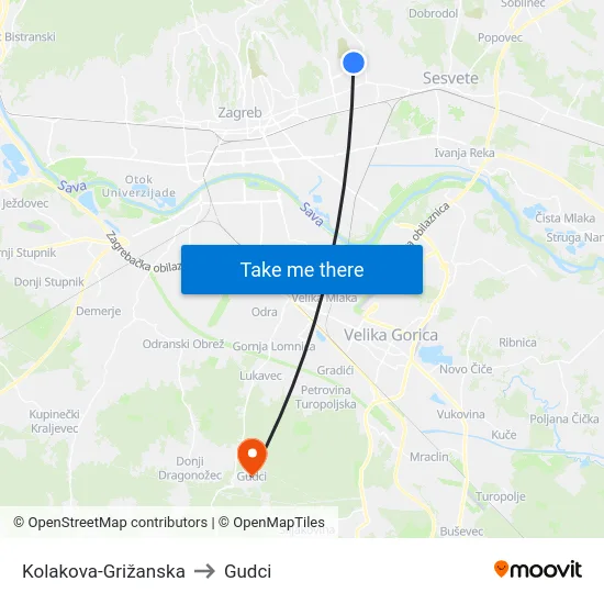 Kolakova-Grižanska to Gudci map