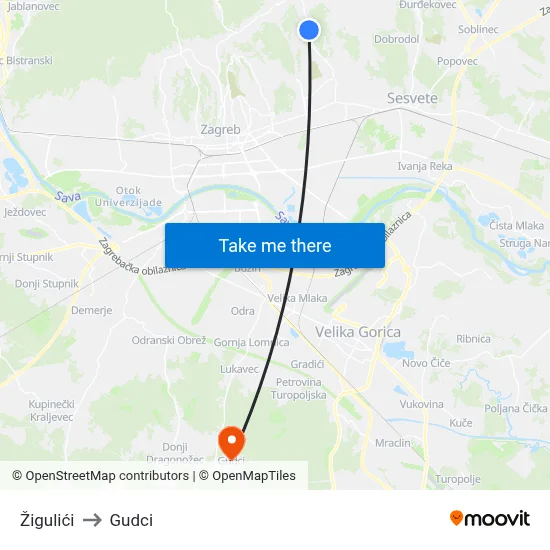 Žigulići to Gudci map