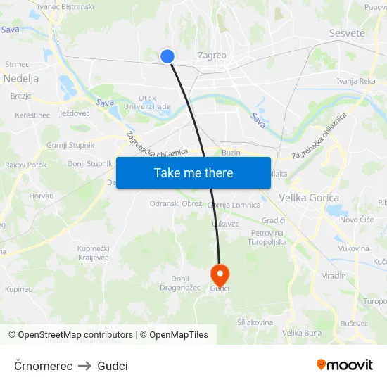 Črnomerec to Gudci map