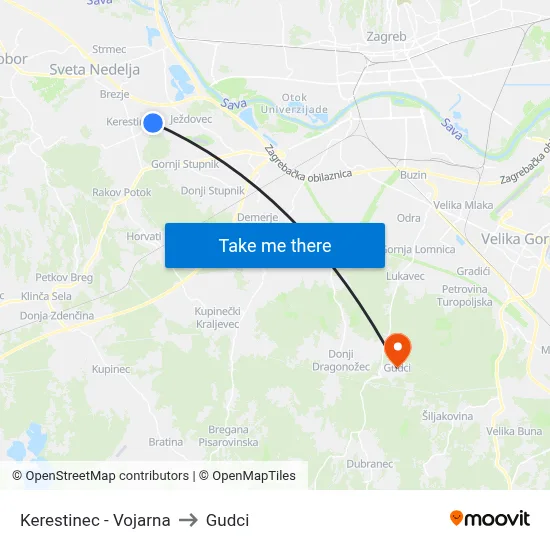 Kerestinec - Vojarna to Gudci map