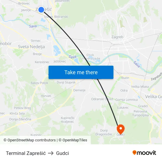 Terminal Zaprešić to Gudci map