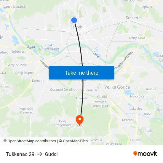 Tuškanac 29 to Gudci map