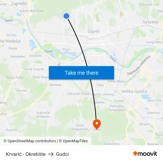 Krvarić - Okretište to Gudci map