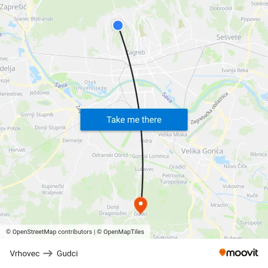 Vrhovec to Gudci map