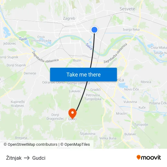 Žitnjak to Gudci map