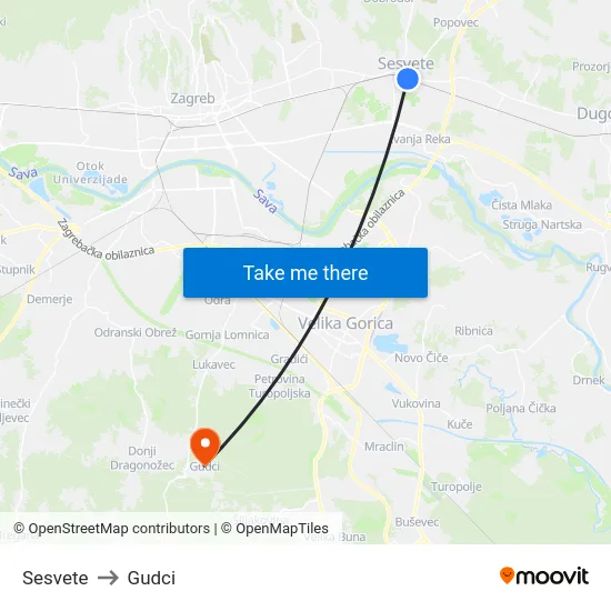 Sesvete to Gudci map