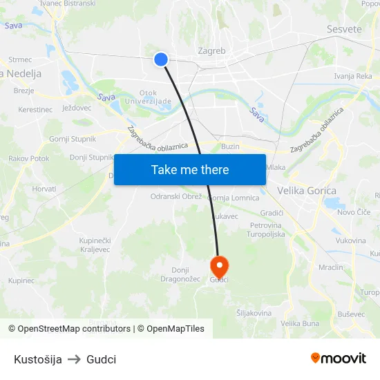 Kustošija to Gudci map