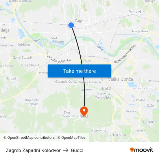 Zagreb Zapadni Kolodvor to Gudci map