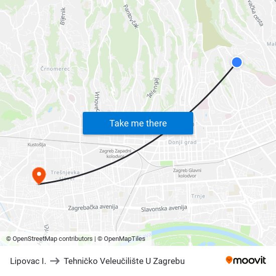 Lipovac I. to Tehničko Veleučilište U Zagrebu map