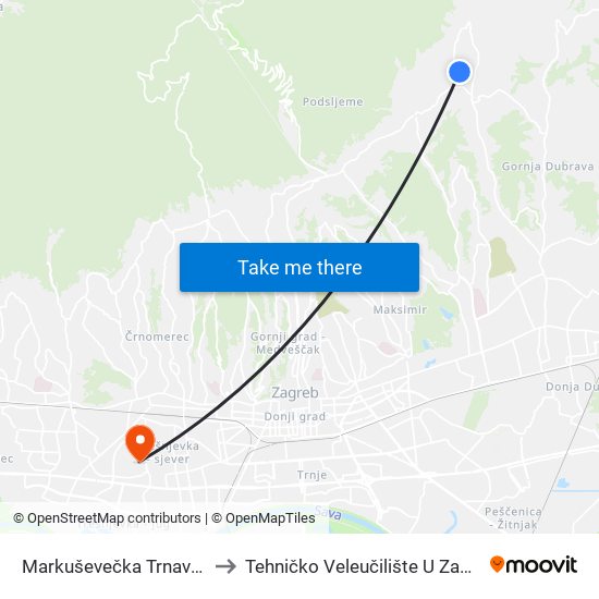 Markuševečka Trnava 56 to Tehničko Veleučilište U Zagrebu map