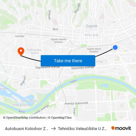 Autobusni Kolodvor Zagreb to Tehničko Veleučilište U Zagrebu map