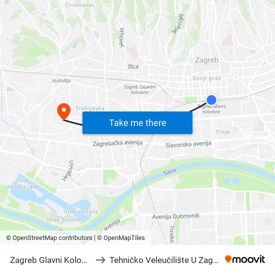 Zagreb Glavni Kolodvor to Tehničko Veleučilište U Zagrebu map