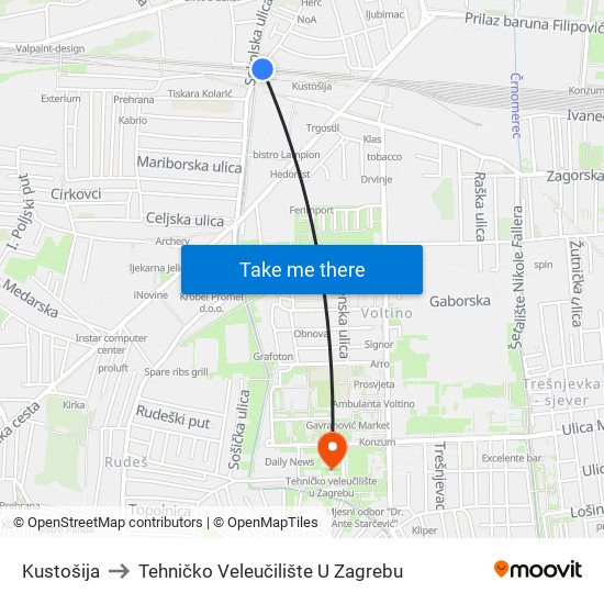 Kustošija to Tehničko Veleučilište U Zagrebu map