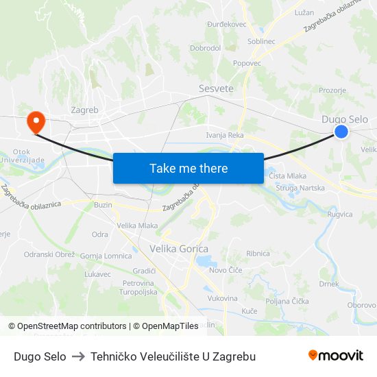 Dugo Selo to Tehničko Veleučilište U Zagrebu map