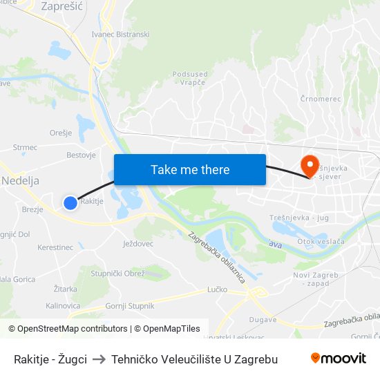 Rakitje - Žugci to Tehničko Veleučilište U Zagrebu map