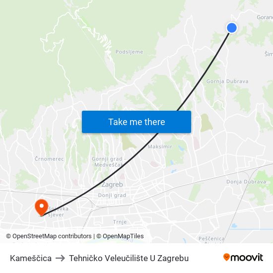 Kameščica to Tehničko Veleučilište U Zagrebu map