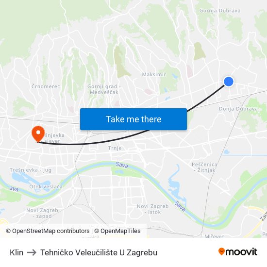 Klin to Tehničko Veleučilište U Zagrebu map