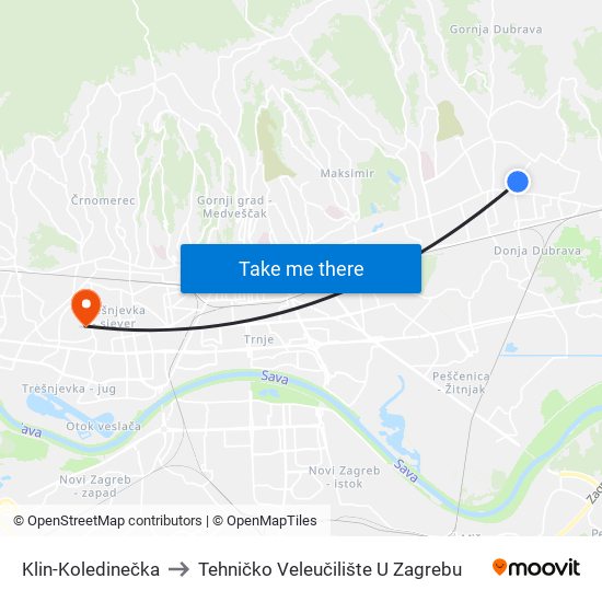 Klin-Koledinečka to Tehničko Veleučilište U Zagrebu map