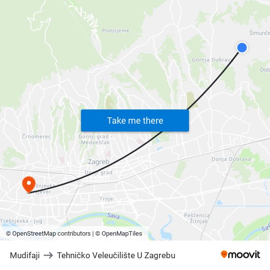 Mudifaji to Tehničko Veleučilište U Zagrebu map