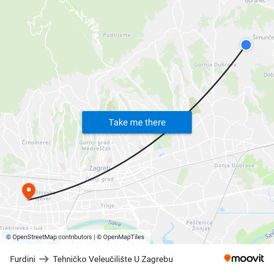 Furdini to Tehničko Veleučilište U Zagrebu map