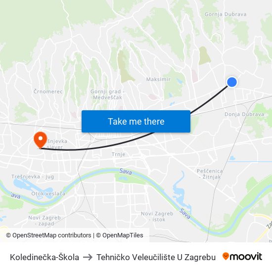 Koledinečka-Škola to Tehničko Veleučilište U Zagrebu map