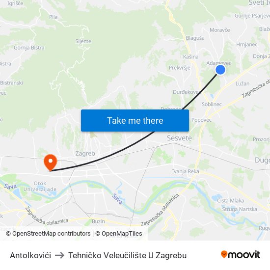 Antolkovići to Tehničko Veleučilište U Zagrebu map