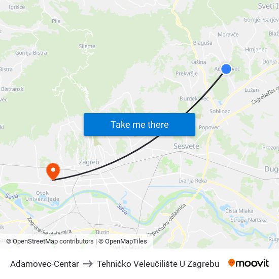 Adamovec-Centar to Tehničko Veleučilište U Zagrebu map