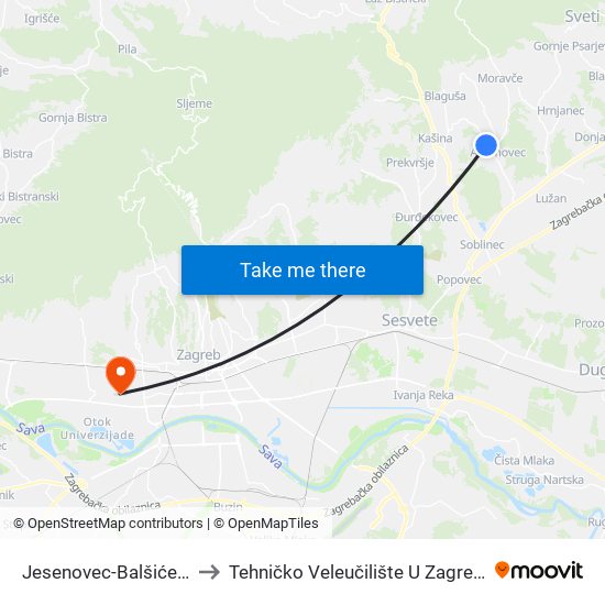 Jesenovec-Balšićeva to Tehničko Veleučilište U Zagrebu map