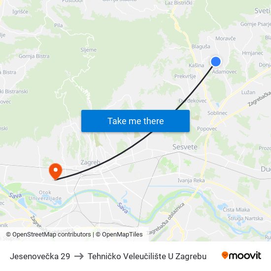 Jesenovečka 29 to Tehničko Veleučilište U Zagrebu map