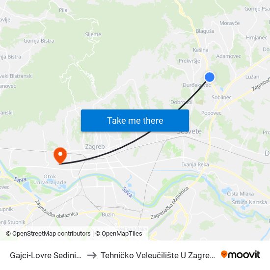 Gajci-Lovre Sedinića to Tehničko Veleučilište U Zagrebu map