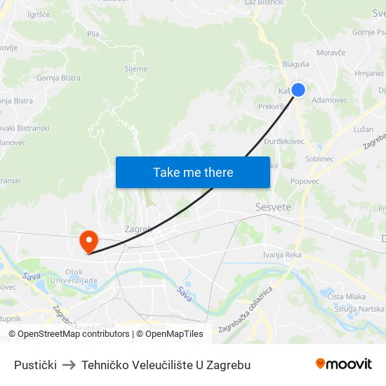 Pustički to Tehničko Veleučilište U Zagrebu map