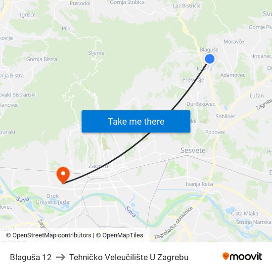 Blaguša 12 to Tehničko Veleučilište U Zagrebu map