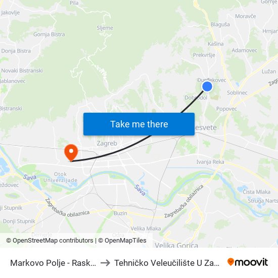 Markovo Polje - Raskrižje to Tehničko Veleučilište U Zagrebu map