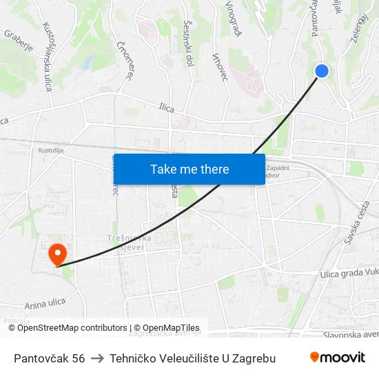 Pantovčak 56 to Tehničko Veleučilište U Zagrebu map