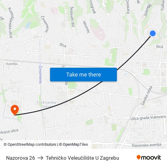 Nazorova 26 to Tehničko Veleučilište U Zagrebu map