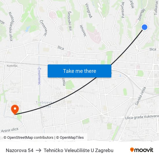 Nazorova 54 to Tehničko Veleučilište U Zagrebu map