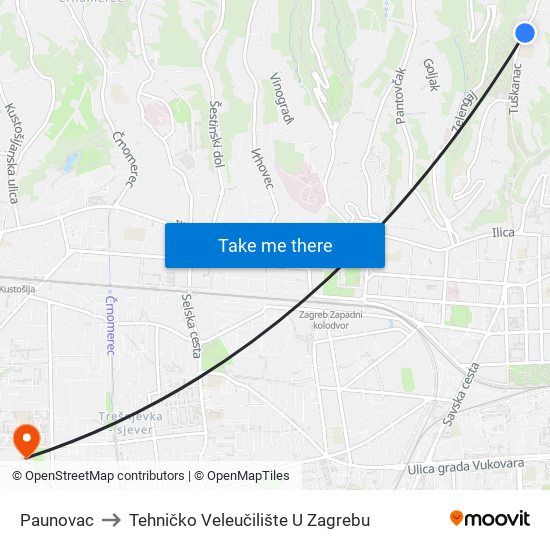 Paunovac to Tehničko Veleučilište U Zagrebu map