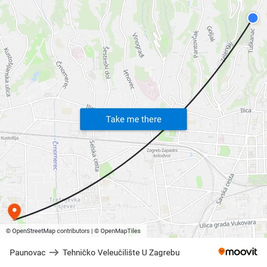Paunovac to Tehničko Veleučilište U Zagrebu map
