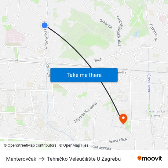 Manterovčak to Tehničko Veleučilište U Zagrebu map