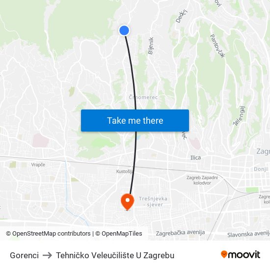 Gorenci to Tehničko Veleučilište U Zagrebu map