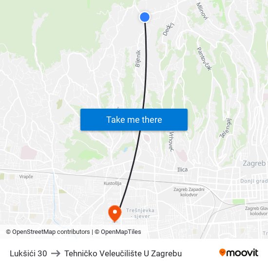 Lukšići 30 to Tehničko Veleučilište U Zagrebu map