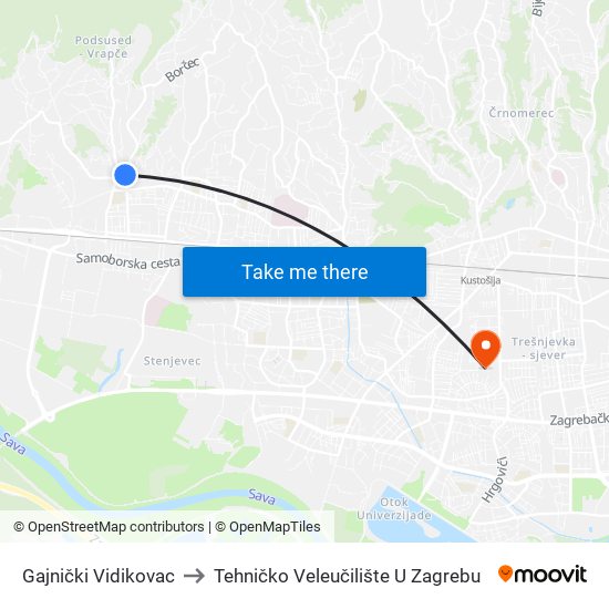 Gajnički Vidikovac to Tehničko Veleučilište U Zagrebu map