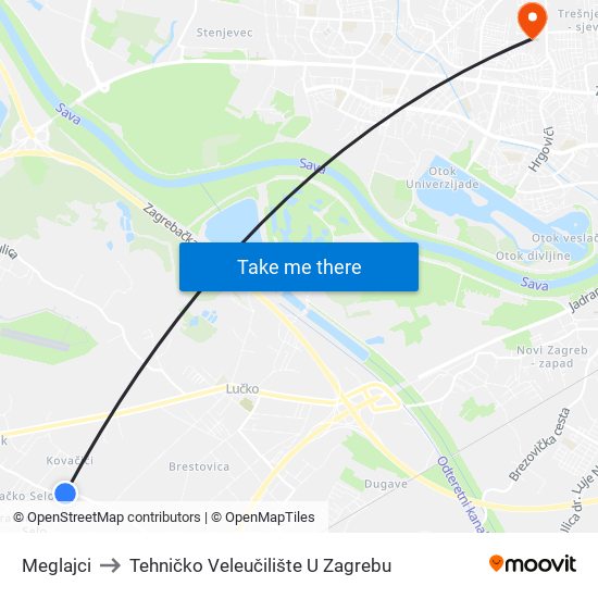 Meglajci to Tehničko Veleučilište U Zagrebu map