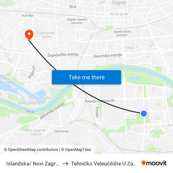 Islandska/ Novi Zagreb 1 to Tehničko Veleučilište U Zagrebu map