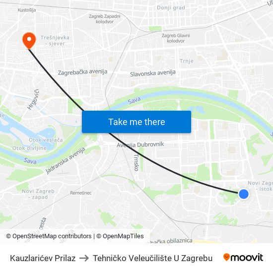 Kauzlarićev Prilaz to Tehničko Veleučilište U Zagrebu map