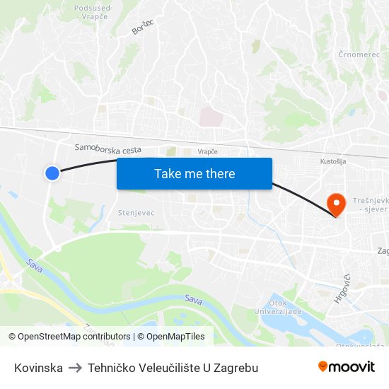 Kovinska to Tehničko Veleučilište U Zagrebu map