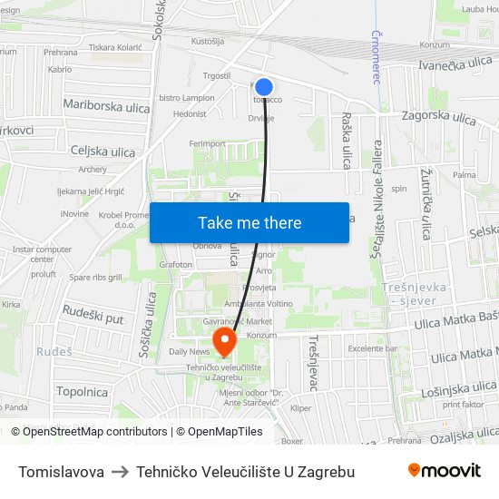 Tomislavova to Tehničko Veleučilište U Zagrebu map