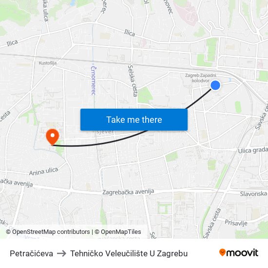 Petračićeva to Tehničko Veleučilište U Zagrebu map