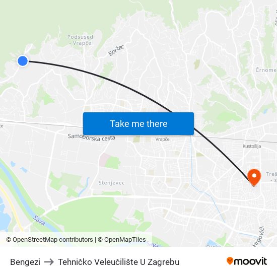 Bengezi to Tehničko Veleučilište U Zagrebu map