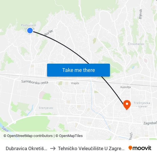 Dubravica Okretište to Tehničko Veleučilište U Zagrebu map